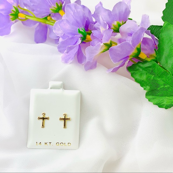 14KT Yellow gold cross charm tiny stud earring for woman - Picture 2 of 4